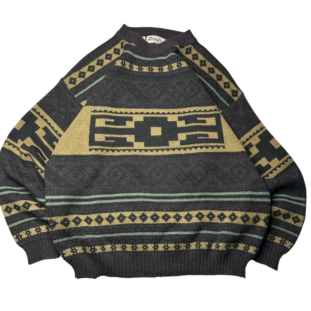 Vintage Aztec Geometric Knit Sweater Mens XL Charcoal Olive‎
